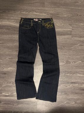 Dark Blue Flare Jeans with Yellow Contrast Stitching